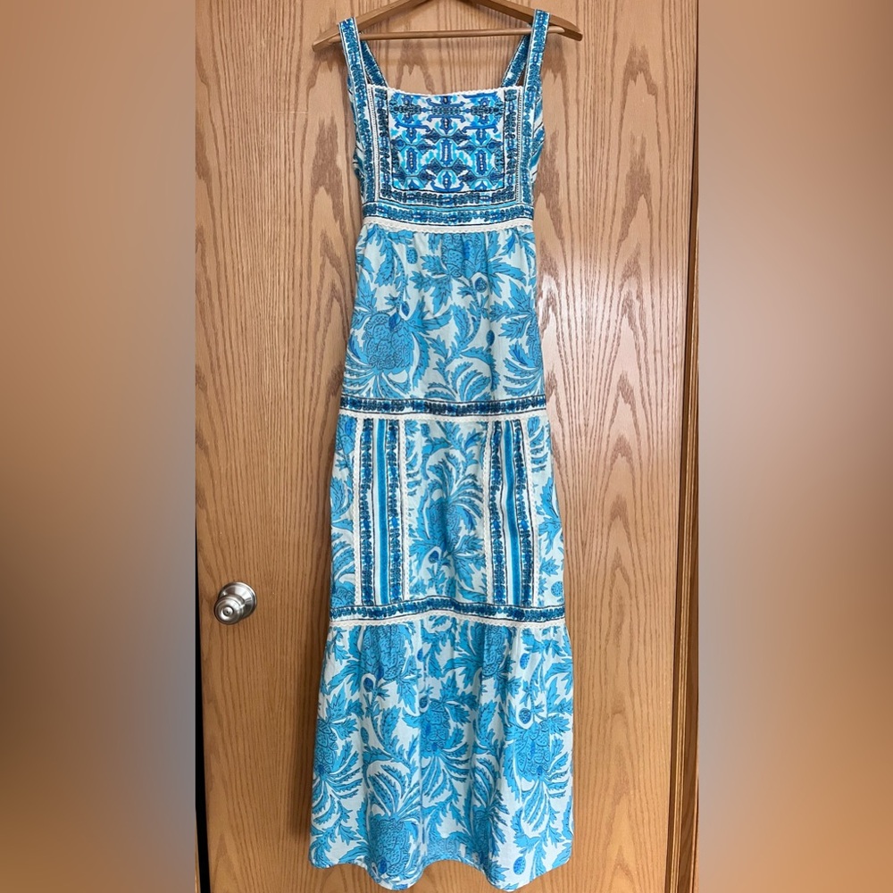 Joie Blue & White Floral Beaded Tie Back Maxi Dress NWT 4